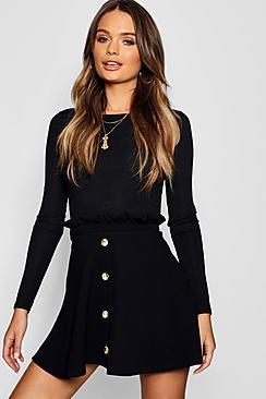 Boohoo Paperbag Waist Mock Horn Button Skater Skirt