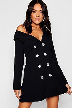 Boohoo One Shoulder Diamante Button Blazer Dress