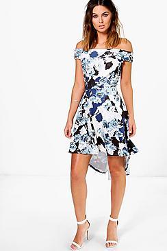 Boohoo Becky Off Shoulder Floral Dip Hem Midi Dress