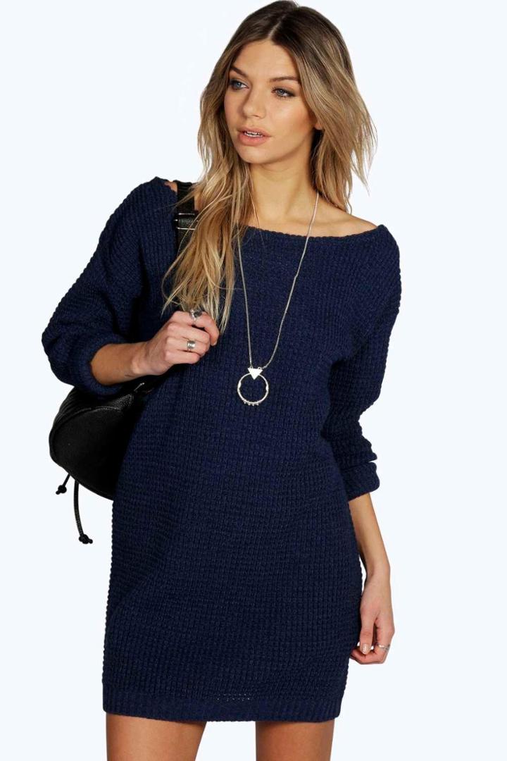 Boohoo Olivia Slash Neck Marl Knit Jumper Dress Navy