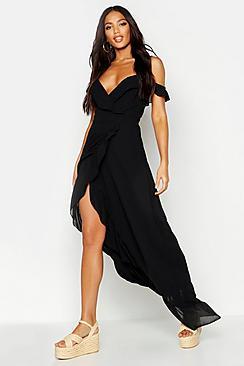 Boohoo Chiffon Cold Shoulder Ruffle Skater Dress