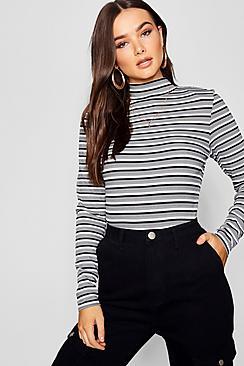 Boohoo Stripe Rib Long Sleeve High Neck Top