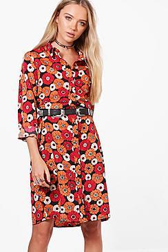 Boohoo Felicity Long Sleeve Floral Midi Shirt Dress