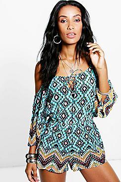 Boohoo Alicia Zig Zag Tile Print Cold Shoulder Playsuit