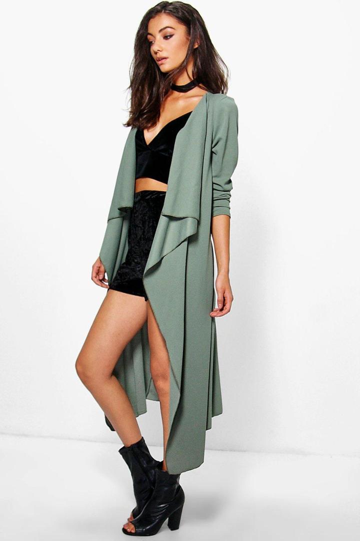Boohoo Tall Salana Waterfall Duster Jacket Khaki