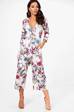Boohoo Kristina Floral Roll Sleeve Culotte Jumpsuit