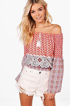 Boohoo Mia Bardot String Tie Long Sleeve Top