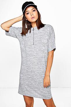 Boohoo Ava Zip Neck Marl Shift Dress