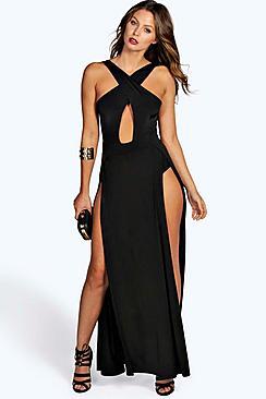 Boohoo Ruby Slinky Crossover Thigh Split Maxi Dress