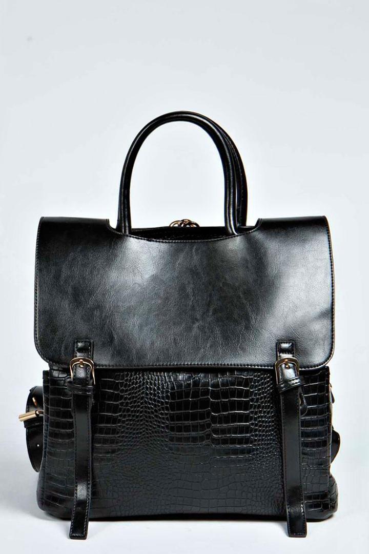 Boohoo Lucy Back Pack And Top Handle Mock Croc Bag - Black