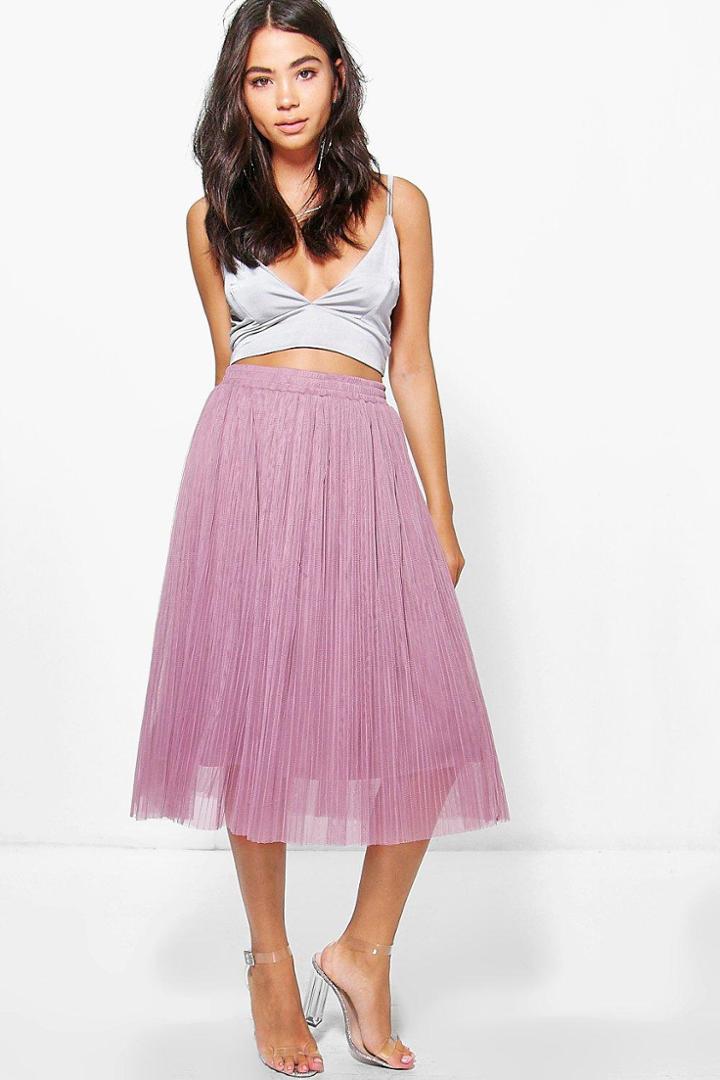 Boohoo Beau Fine Pleated Tulle Midi Skirt Mauve