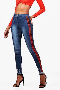 Boohoo Sofie Sports Stripe Distressed Hem Skinny Jeans