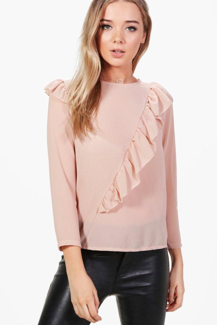 Boohoo Olivia Frill Detail Blouse Nude