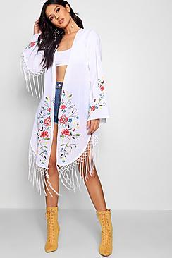 Boohoo Sasha Embroidered Kimono With Fringing