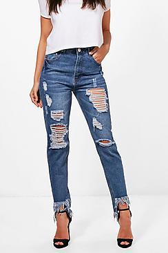 Boohoo Tall Tiana Distressed Twist Fringe Jean