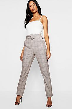 Boohoo Tall Check High Waisted Belted Pants