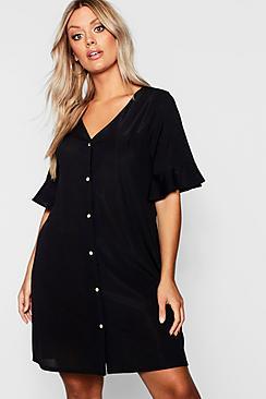 Boohoo Plus Frill Sleeve Button Shift Dress