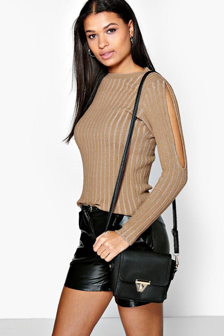 Boohoo Ellie Cold Shoulder Rib Knit Jumper Taupe