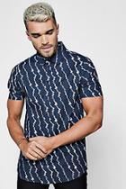 Boohoo Navy Print Short Sleeve Shirt In Muscle Fit