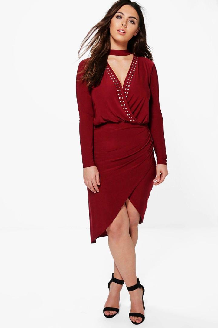 Boohoo Plus Lana Wrap Front Stud V Neck Midi Dress Wine