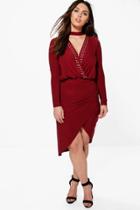 Boohoo Plus Lana Wrap Front Stud V Neck Midi Dress Wine