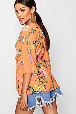 Boohoo Woven Floral Wrap Tie Blouse