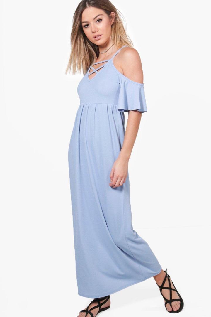 Boohoo Petite Holly Open Shoulder Lattice Detail Maxi Dress Bluebell