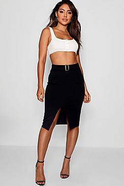 Boohoo Basic Pocket Front Mock Horn Belt Split Midi Skirt