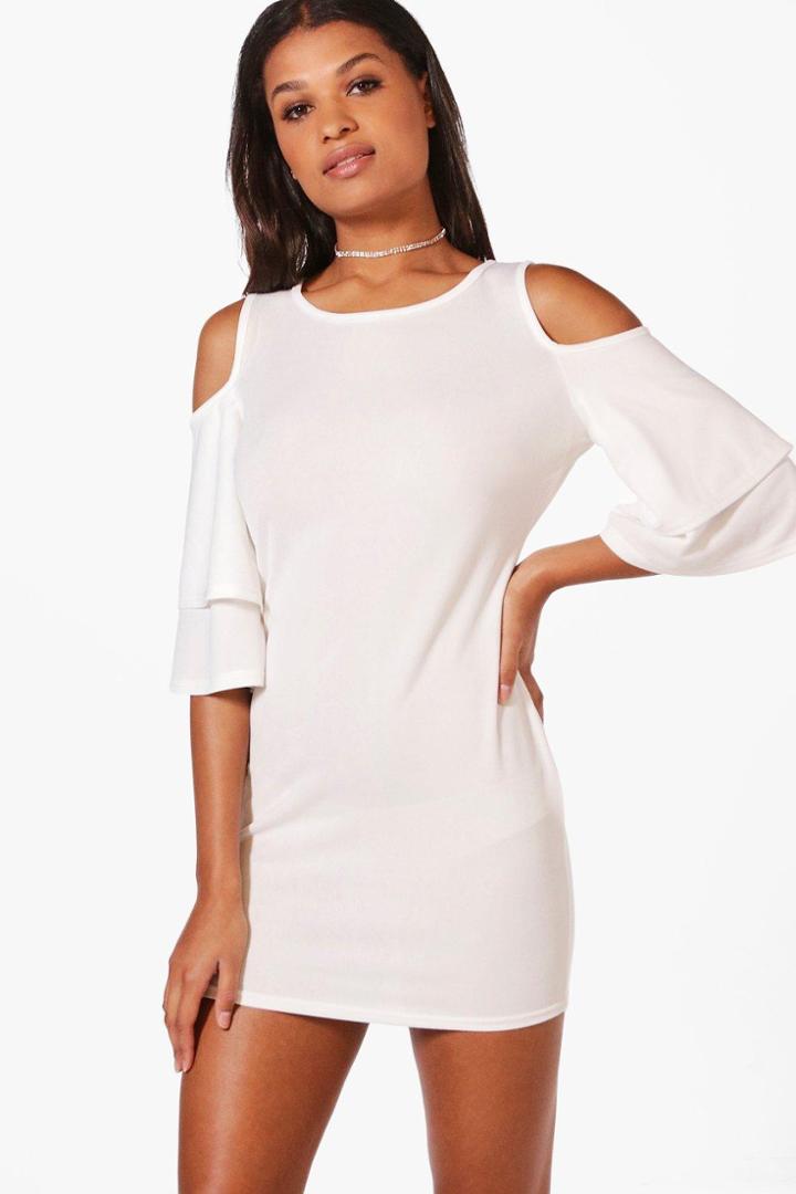 Boohoo Hanna Double Layer Ruffle Cold Shoulder Bodycon Dress White