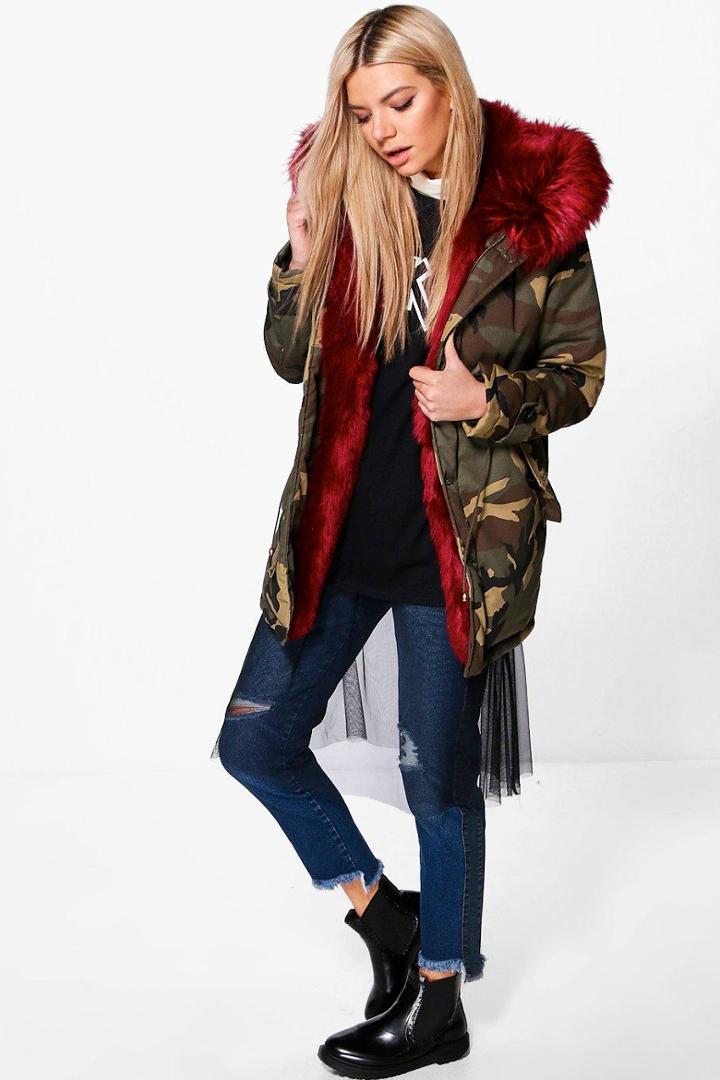 Boohoo Phoebe Camo Faux Fur Lined Parka Wine