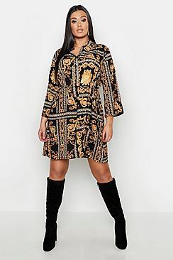 Boohoo Plus Chain Print Tie Shirt Dress