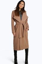 Boohoo Lois Longline Belted Wool Look Trench Camel