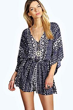 Boohoo Suzy Blue Printed Kimono Style Playsuit