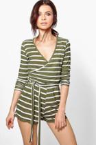 Boohoo Holly Striped Belted Playsuit Khaki