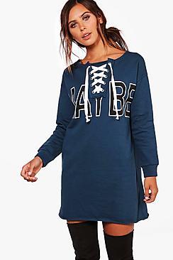 Boohoo Petite Elle Printed Lace Up Detail Sweat Dress