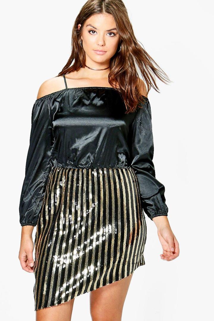 Boohoo Plus Vanessa Sequin Open Shoulder Satin Dress Multi