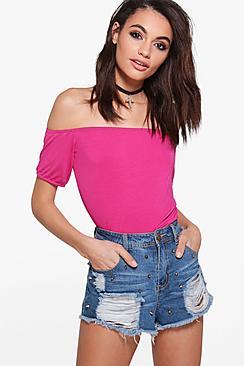 Boohoo Off The Shoulder Ruche Sleeve Crop