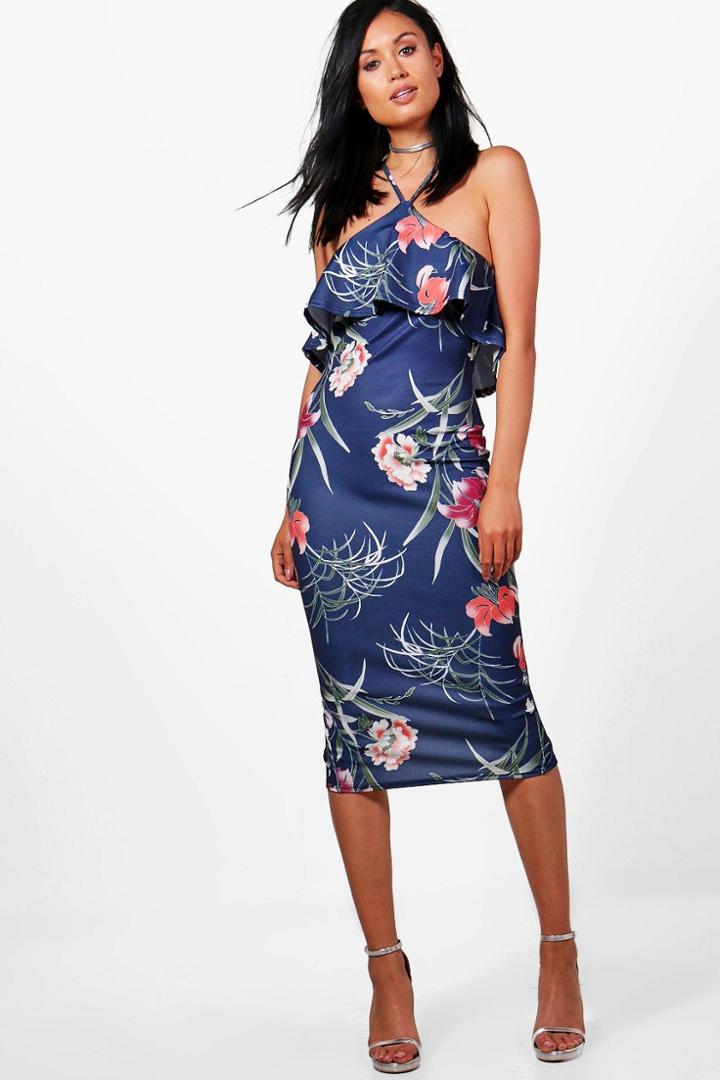 Boohoo Quinn Frill Top Navy Floral Midi Dress Multi