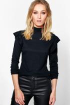 Boohoo Amy Ruffle Sleeve Rib Knit Jumper Black