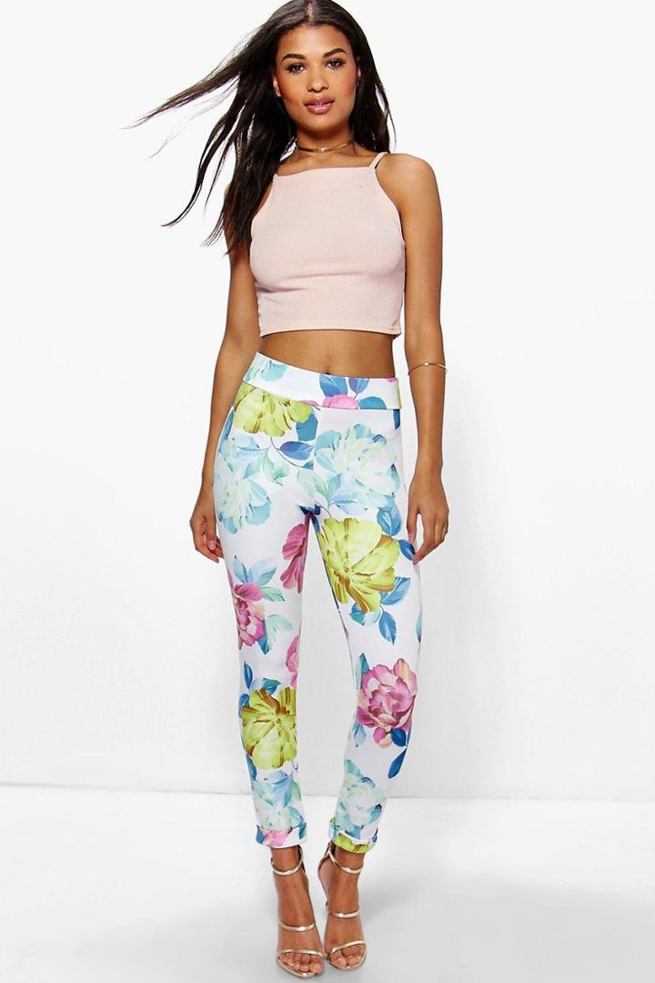 Boohoo Sofi Large Floral Scuba Skinny Trousers Multi