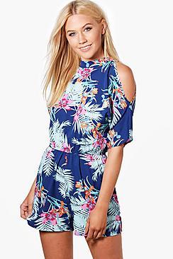 Boohoo Mia Cold Shoulder High Neck Playsuit