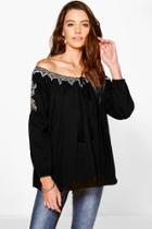 Boohoo Ella Embroidered Sleeve Smock Blouse Black