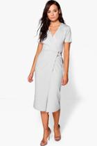 Boohoo Daisy D Ring Tailored Wrap Over Ponte Dress Grey