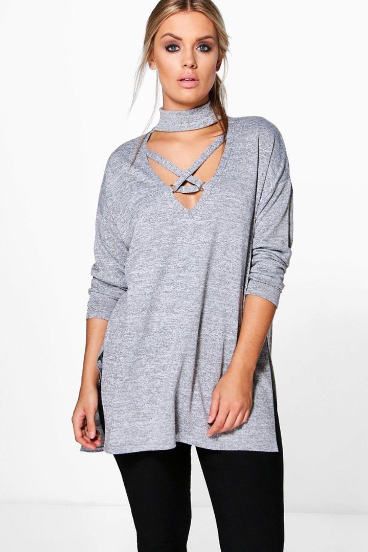 Boohoo Plus Sadie Cross Front Knitted Jumper Grey
