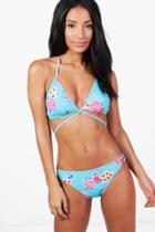 Boohoo Jessica Floral Wrap Front Triangle Bikini Blue