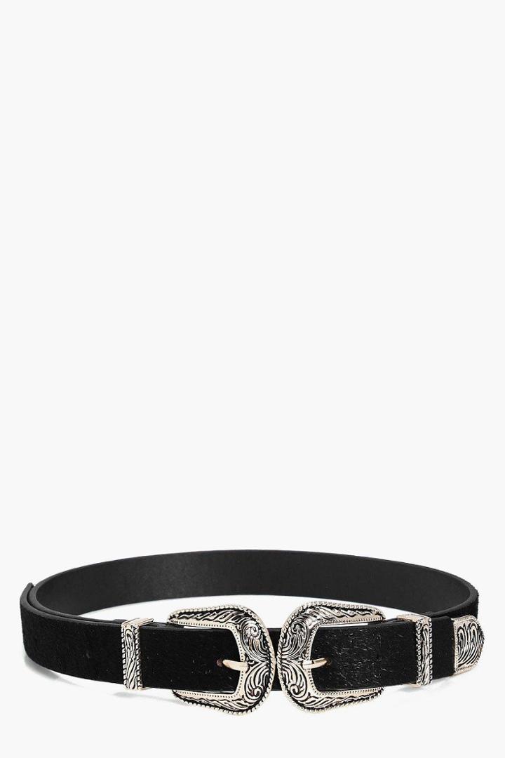 Boohoo Bella Engraved Double Buckle Belt Black