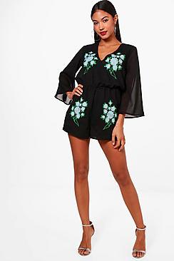 Boohoo Ava Flare Sleeve Embroidered Playsuit