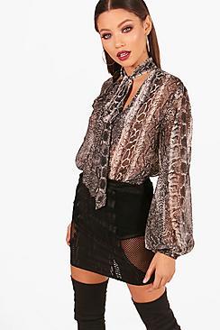 Boohoo Eva Tie Neck Balloon Sleeve Blouse