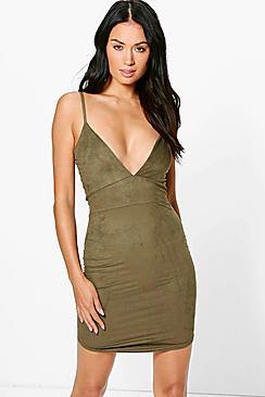 Boohoo Neve Suedette Tie Neck Curved Hem Bodycon Dress