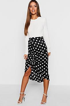 Boohoo Petite Satin Ruched Polka Dot Skirt